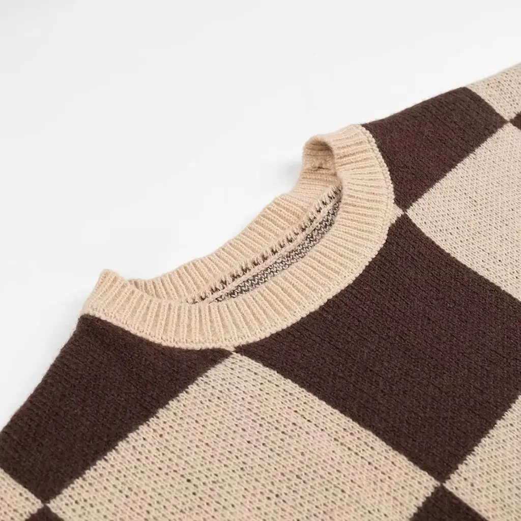 Damenmode, Rundhalsausschnitt, langärmelig, Strickwaren, Winter, europäischer und amerikanischer Stil, Schachbrettmuster, lockere Passform, offene Strickjacke