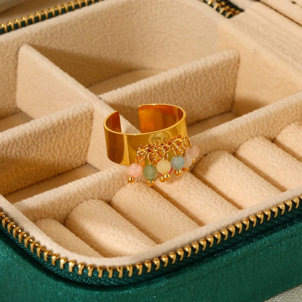 Trend 18K Gold Plated Stainless Steel Colorful Stone Tassel Open Wide Ring For Women Waterproof Jewelry Gift image 6