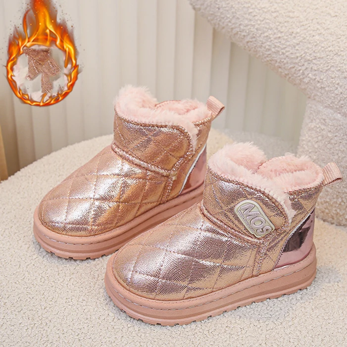 أحذية الثلوج أحذية الأطفال أحذية الشتاء الجلدية سميكة الشباب الفتيات أفخم المألوف لامعة أحذية الأطفال الدافئة للأطفال
