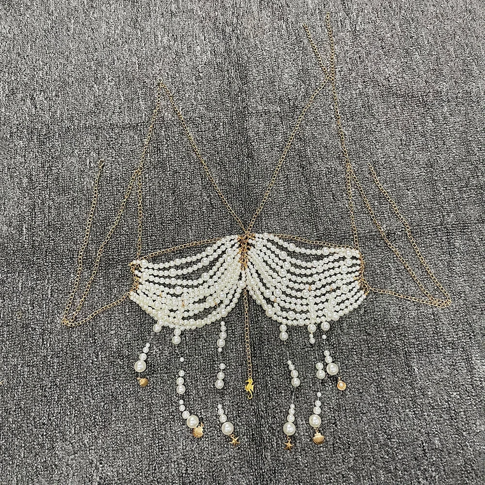 2025 ใหม่เซ็กซี่ผู้หญิงสีขาวFauxไข่มุกโปร่งใสHollow Outพู่Handmade Beaded Bra Top Rave Party