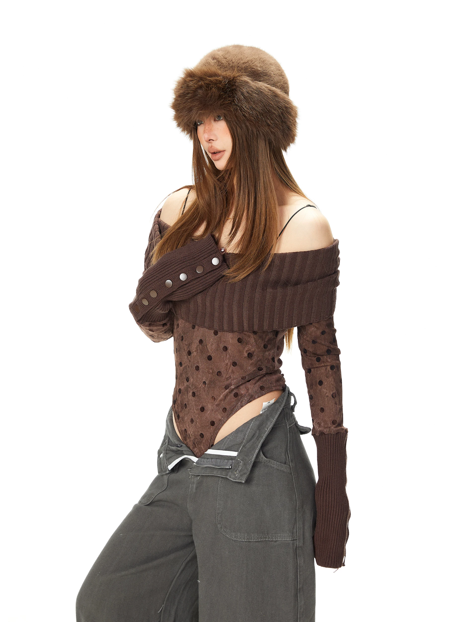 Blackbb Spicy Girl Polka Dot Halter Neck Splice Long Sleeve Jumpsuit Women Spring New Slimming Knitted Overhead Shirt