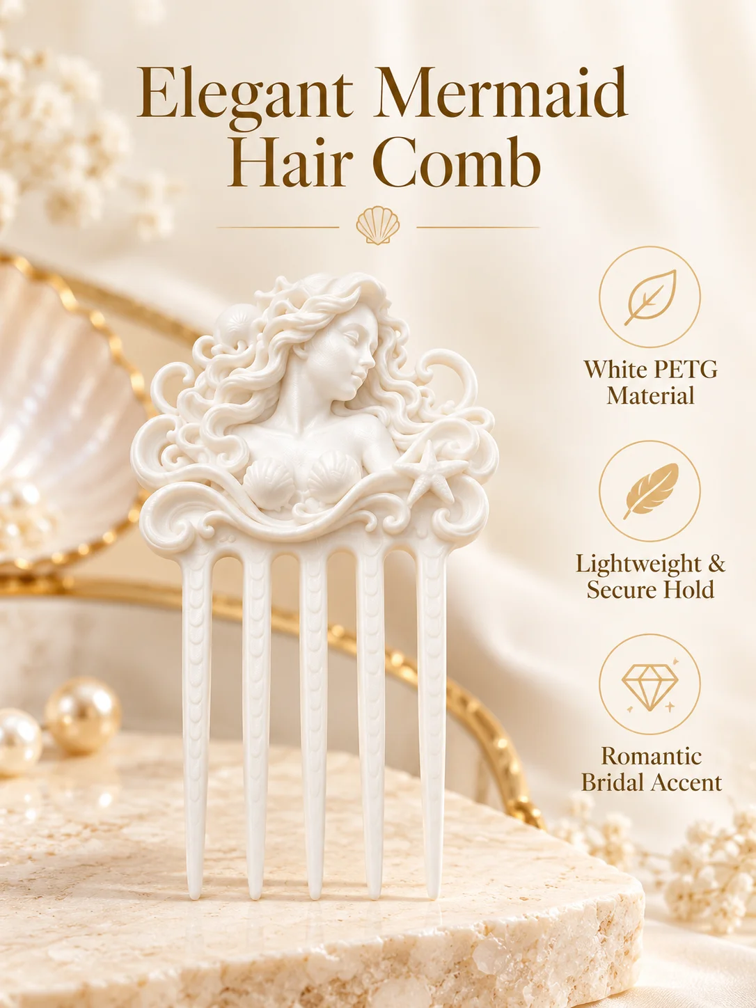 3D Printed White Mermaid Hairpin with Three-Dimensional Relief and Ocean-Themed Design, Compact and Exquisite, Five-Prong Design for Stable Updo Styling, Side Decoration Hair Comb, Suitable for Daily Commuting, Work, Students, and School Wear, Low-Key and Not Exaggerated, Easily Enhances Hair Style, Made of Lightweight White Pla Material, Easy to Wear, Suitable for Various Hair Colors and Styles, Daily Wear for Mermaid Enthusiasts, Versatile and Perfect Basic Hair Accessory view 5