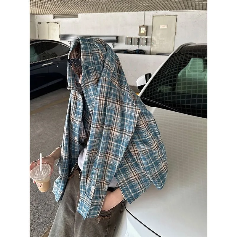 

American Retro Brushed Plaid Long Sleeve Shirt Loose Casual Men's Spring Autumn Lazy Style Couple's Shirt Coat Trendy