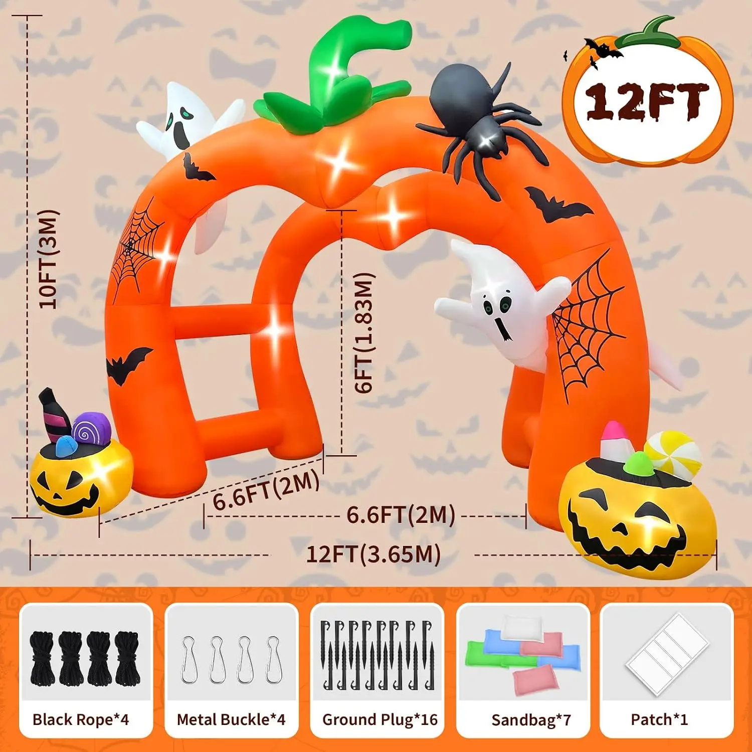 12FT Giant Pumpkin Ghost Halloween Inflatable Archway Tunnel, Blow Up Yard Decorations with LED Lights for Outdoor Garden Lawn