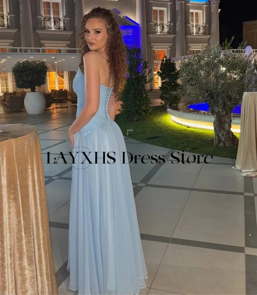 LAYXHS Simple Sweetheart ชุดราตรีสีฟ้า A-Line ความยาวผู้หญิงชุดราตรีที่กําหนดเอง فستانة