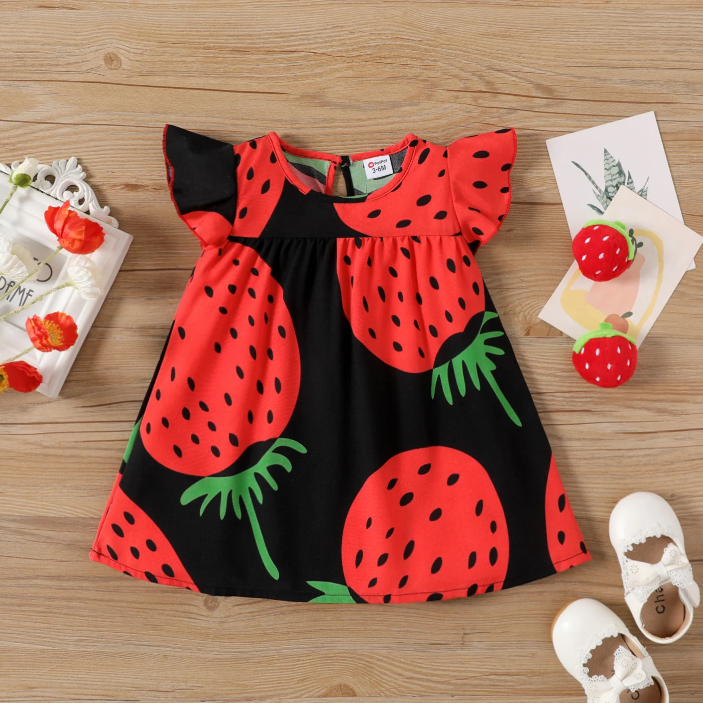 PatPat Baby Girl Girl Strawberry Print Flutter-sleeve Dress Soft and Comfortable  Perfect for Outings and Daily Wear Basic Style