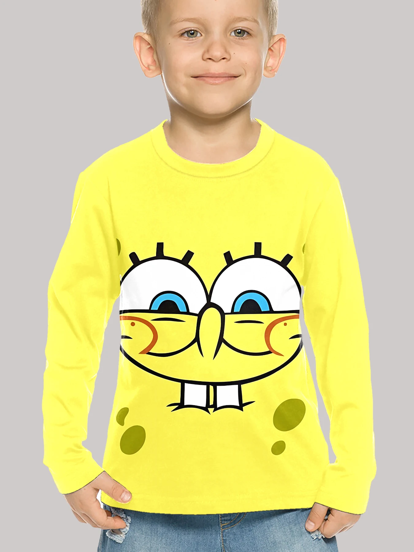 Cartoon S-SpongeBobs 3D Print Children T-Shirt Long Sleeve Spring Fall Clothes Casual Round Neck Boys and Girls Tops