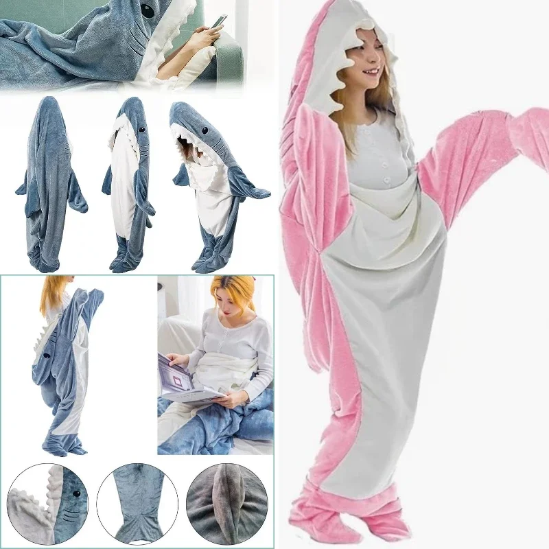 Large Size Thickened Warm Flannel Winter Pajamas Shark Sleeping Bag Animal Women Long Sleeve One-Piece Homewear Girl Loose Robe