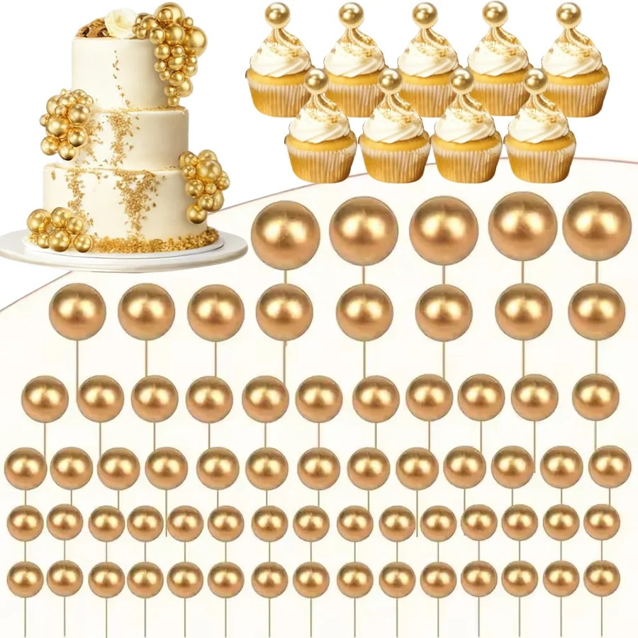68 pçs bolas de ouro bolo topper cupcake espuma bolo bolas decorações para festa de aniversário de casamento decoração do bolo
