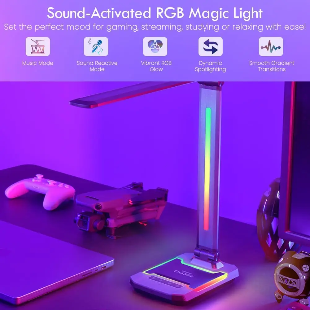 Gaming Desk Lamp with Music Sync RGB, Wireless Charger, USB Port, Adjustable Arm for PC Room Decoration
