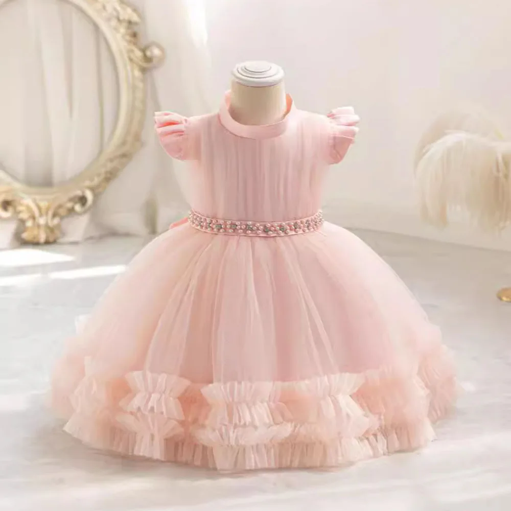 HETISO Pearls Belt Baby Girls Party Dress Sweet 1st Birthday Tulle Kids Dresses for Newborn Wedding Bridemaids Princess Gown