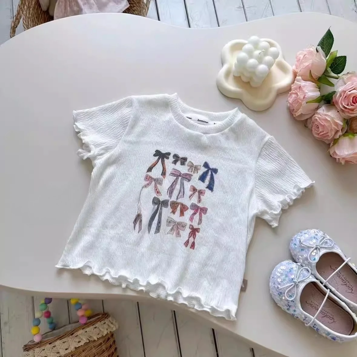 Childrens Clothing 2024 Summer New Item Girls Printed Bow Lace T Shirt Baby Sweet Short Sleeved Top Small Fresh