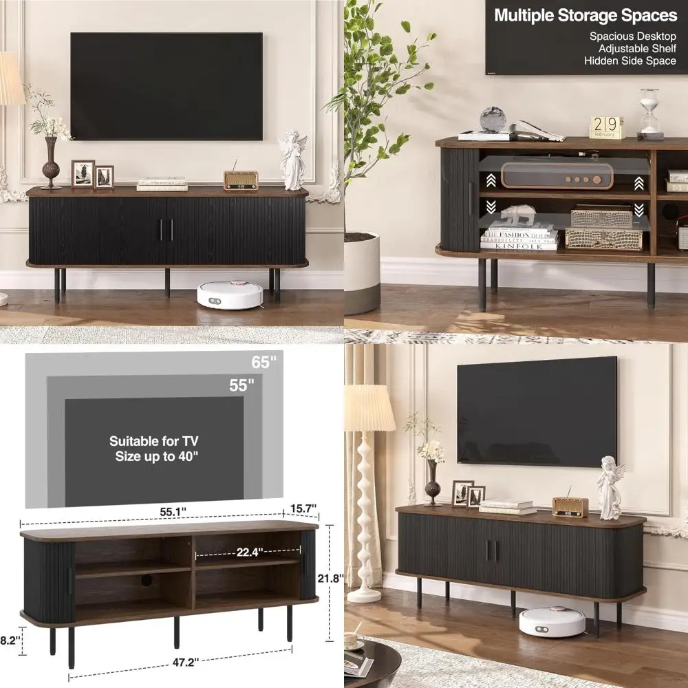 65 Inch TV Gaming Entertainment Center with Sliding Doors and Storage Cabinet, Modern Fluted Design