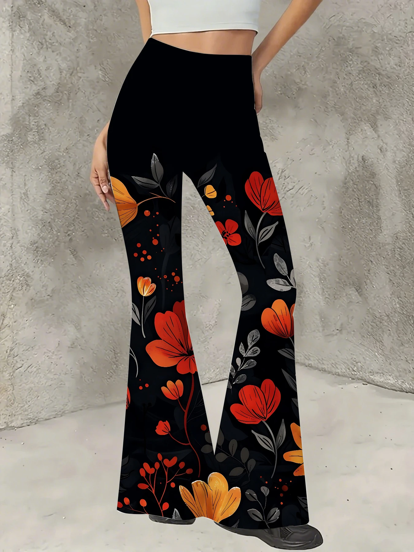 

Women's Print Flare Pants Casual High Waist Knit Bell Bottom Trousers Boho