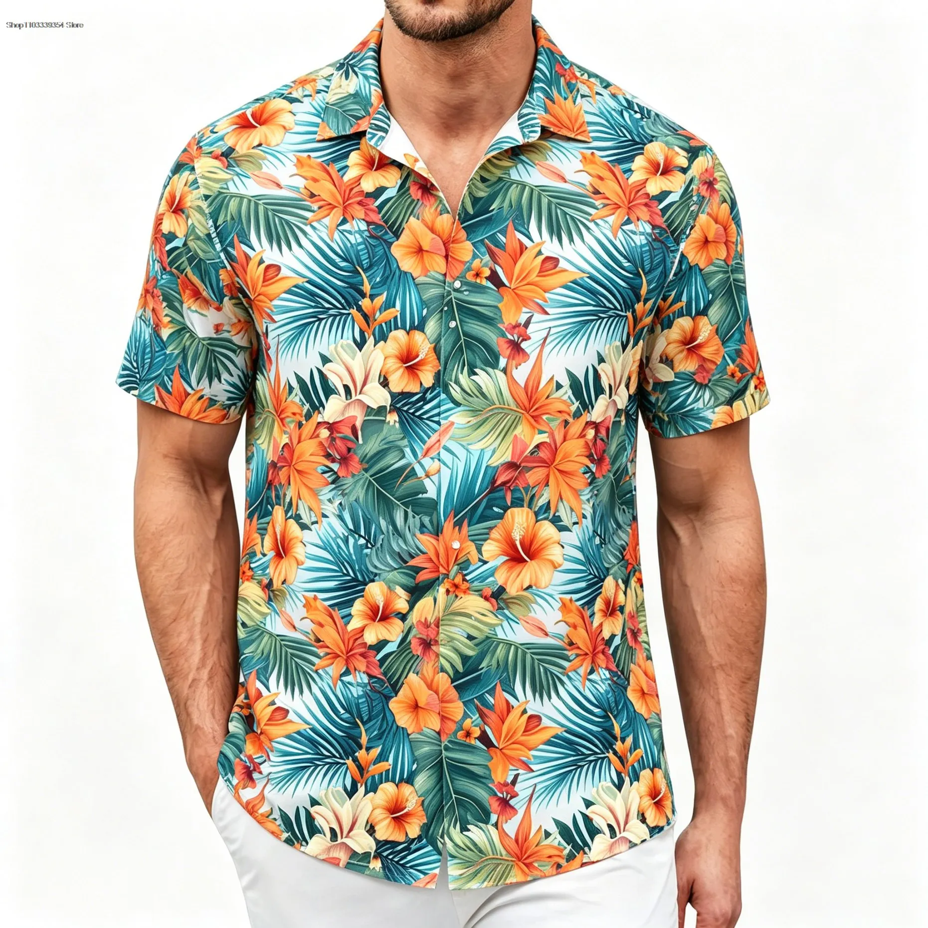 

Men's Hawaiian Shirt Short Sleeve Button Down Colorful Hibiscus Floral Print Beach Vacation Tops Fashion Male Clothing New