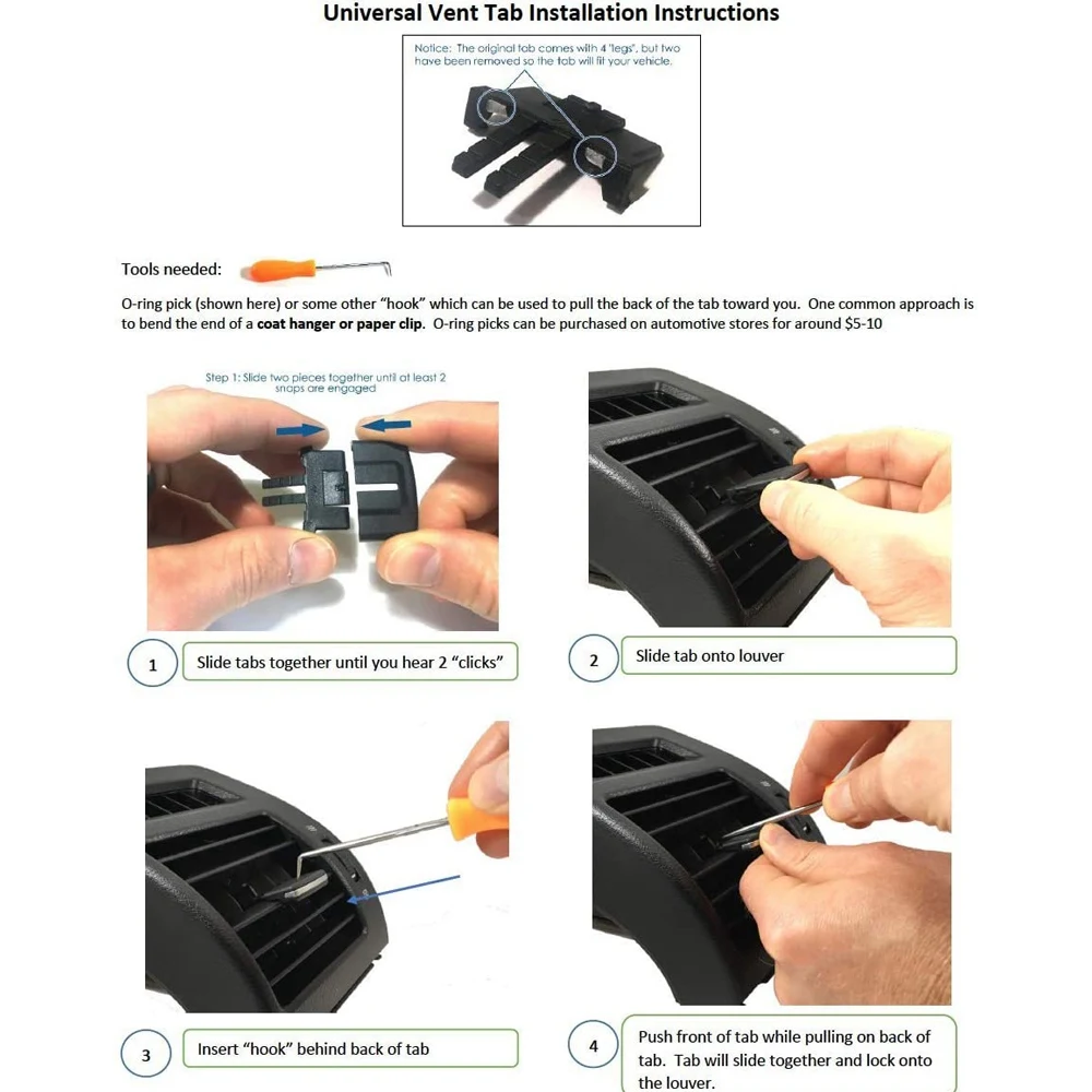 Clips à languette de sortie d'aération latérale centrale avant, kit de réparation de structure de réglage d'aération AC, 2009-2013, 2 pièces