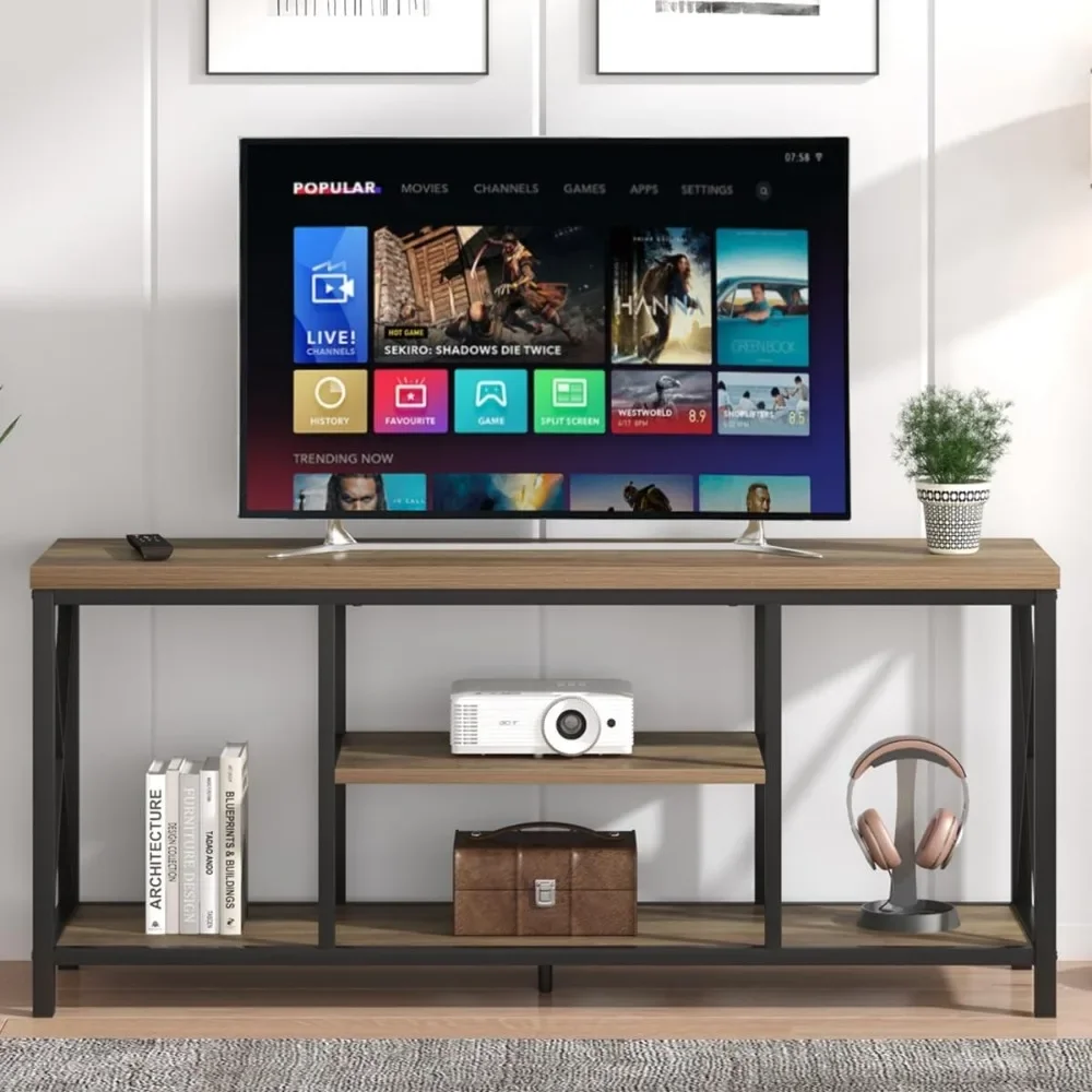 TV Stand for TV Up to 65 Inch Rustic Wood and Metal Entertainment Center With Storage Shelves Furniture Oak 55 Inch Living Room