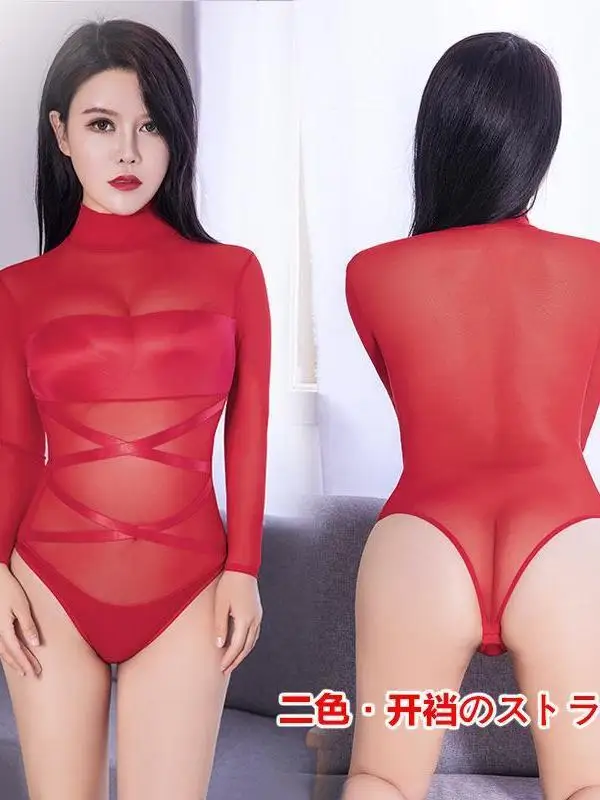 New Temptation Splicing Thin Mesh Long Sleeved Tight Sexy Women Bodysuits Gauze Breathable Nightclub Bold Sheer Charm Slim 0CUH