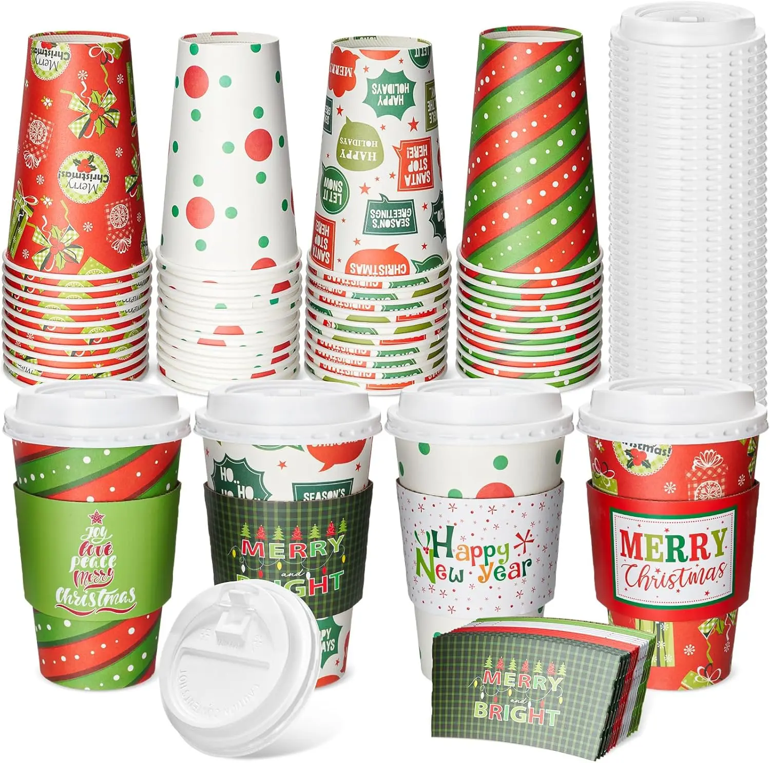

48 Pack 16 oz Christmas Disposable Coffee Cups with Lids and Sleeves Christmas Paper Hot Cups Xmas Party Beverage Tea Dr