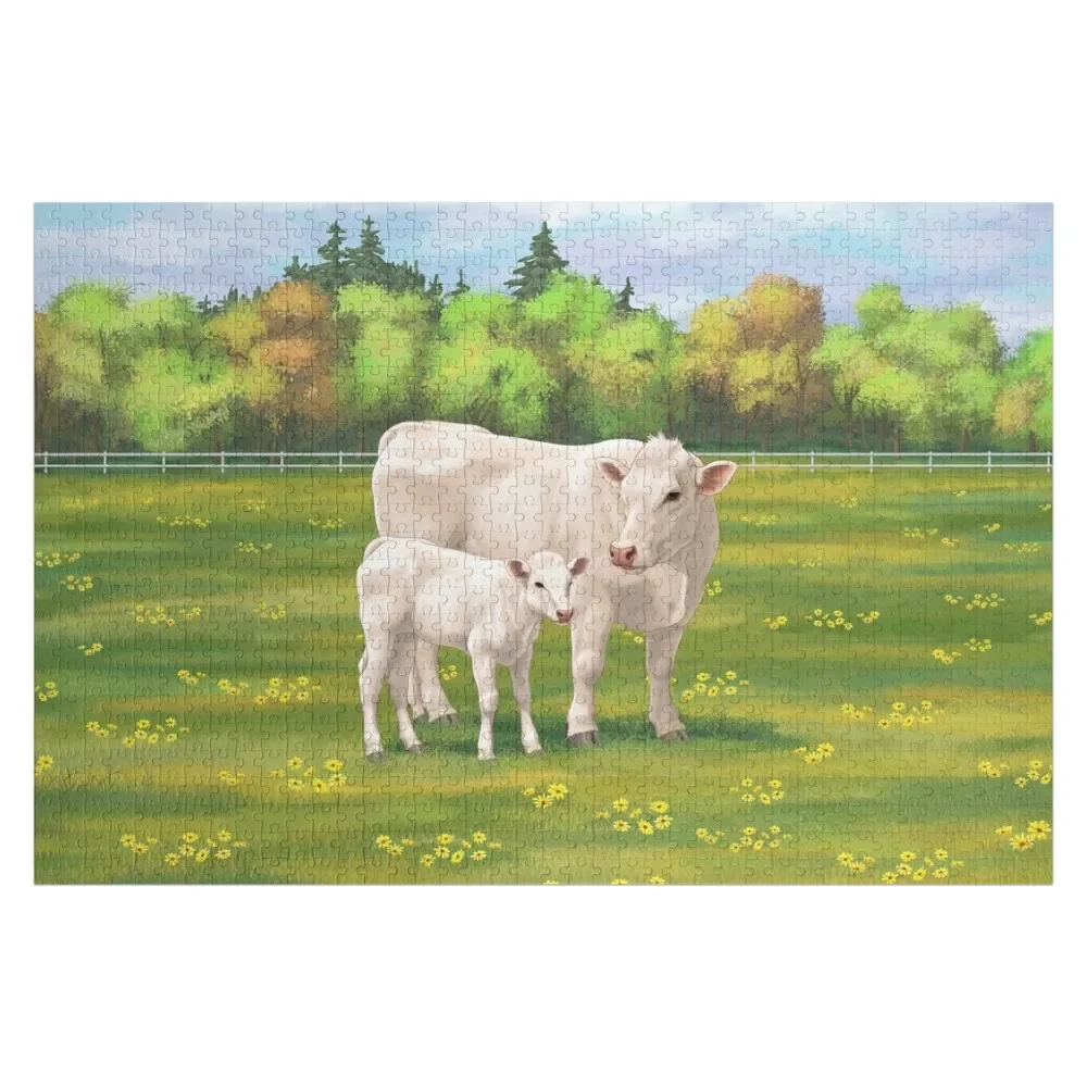 

White Charolais Cow and Cute Calf in Summer Pasture Jigsaw Puzzle Personalised Personalized Gift Photo Game Children Puzzle