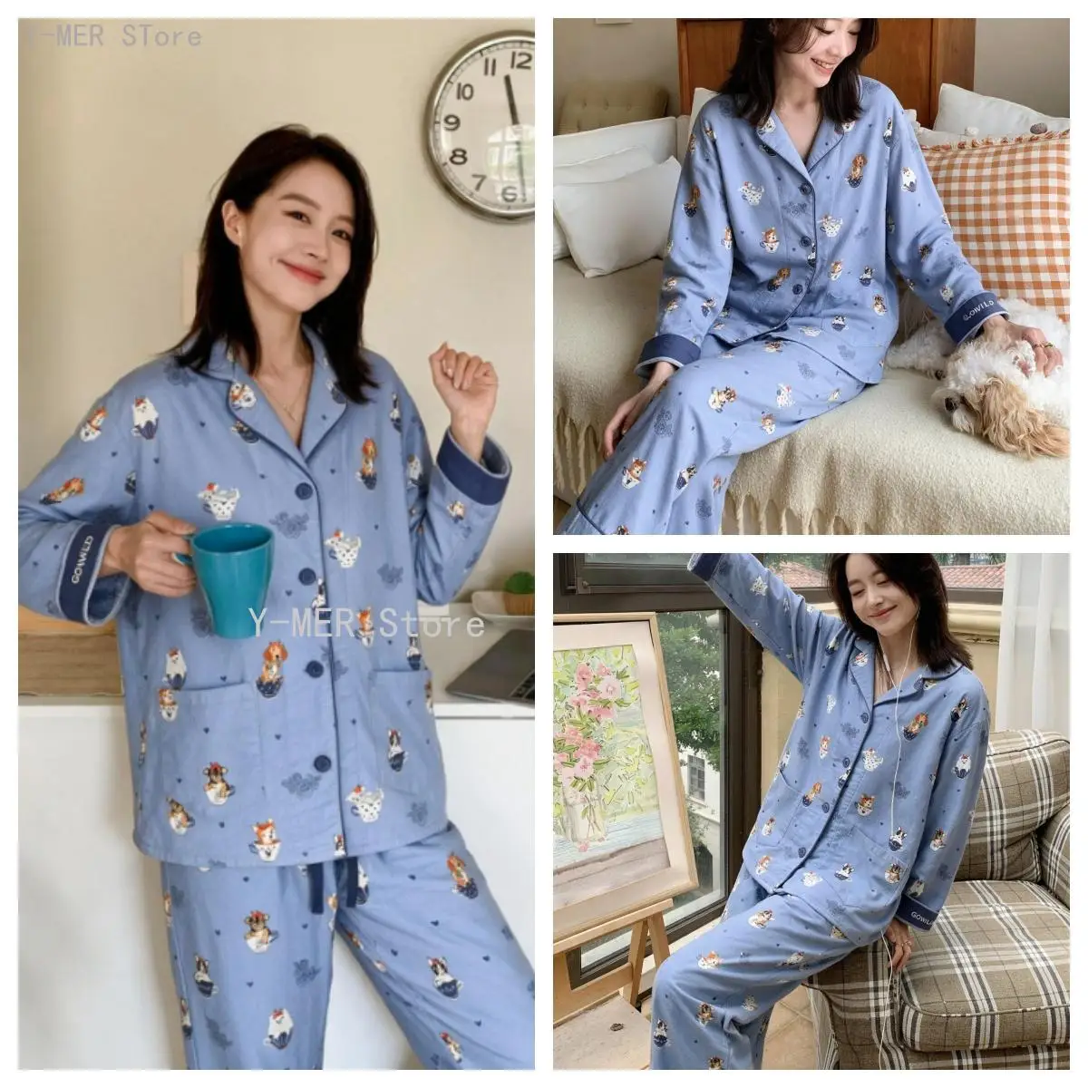 Cute Cartoon Printed Ladies Sleepwear Set, Brushed Cotton 2Pcs Pajama, Spring Autumn Long Sleeve and Long Pants Women Loungewear