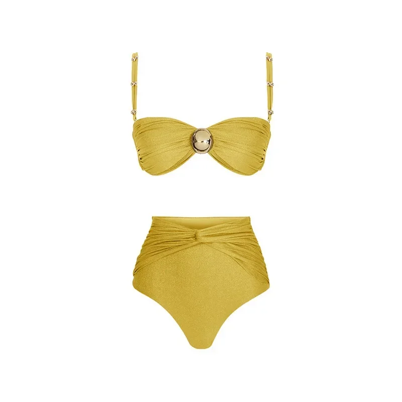 Conjunto de Bikini de cintura alta para mujer, traje de baño de tres piezas con realce y cuello Halter, color amarillo liso, 2024