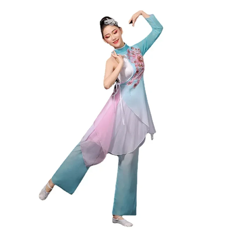중국어 번체 고전 무용 의상 여성 고대 Hanfu 의류 국립 Yangko 댄스 착용 허리 드럼 무대 의상