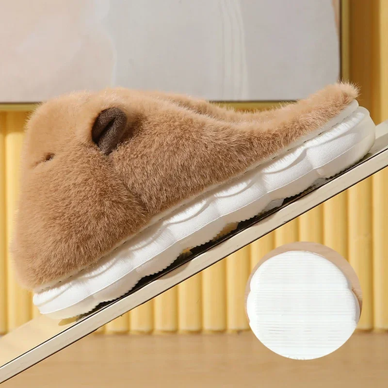 2025 Winter Couple's Soft Fur Capybara Slippers Warm Long Plush Chunky Platform Indoor Shoes Woman Non Slip Home Slippers Flats image 2