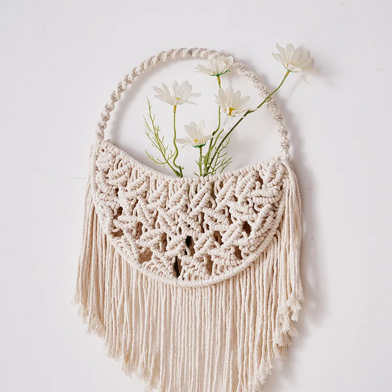 Bohemian Cotton Rope Woven Wall Hanging Storage Net Pocket, Hand Woven Wall Decor Organizer Bag