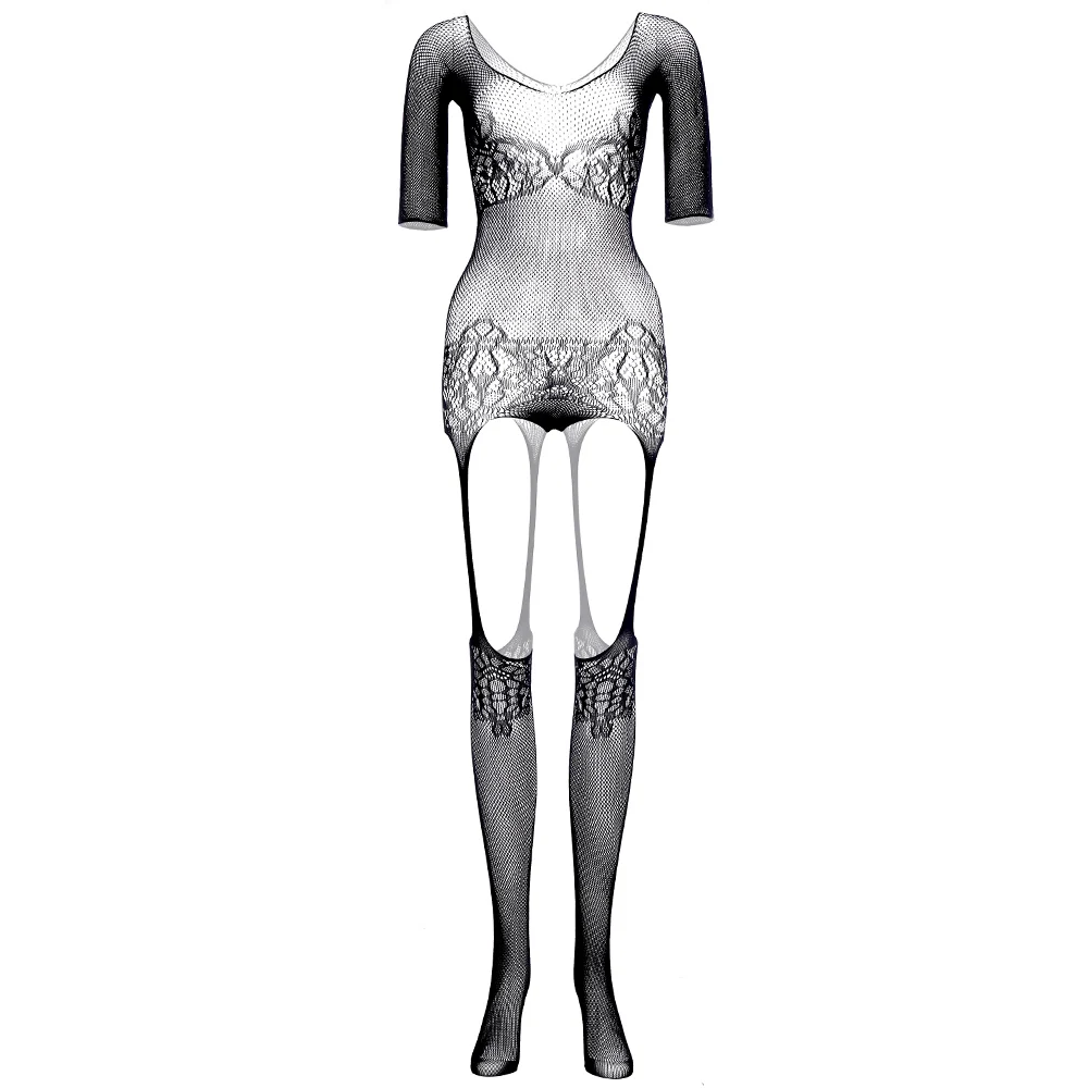 المرأة مفتوحة المنشعب بوديستوكينج الملابس الداخلية شبكة سوداء بدلة للجسم مثير Crotchless زي الدمى داخلية للترفيه الكبار