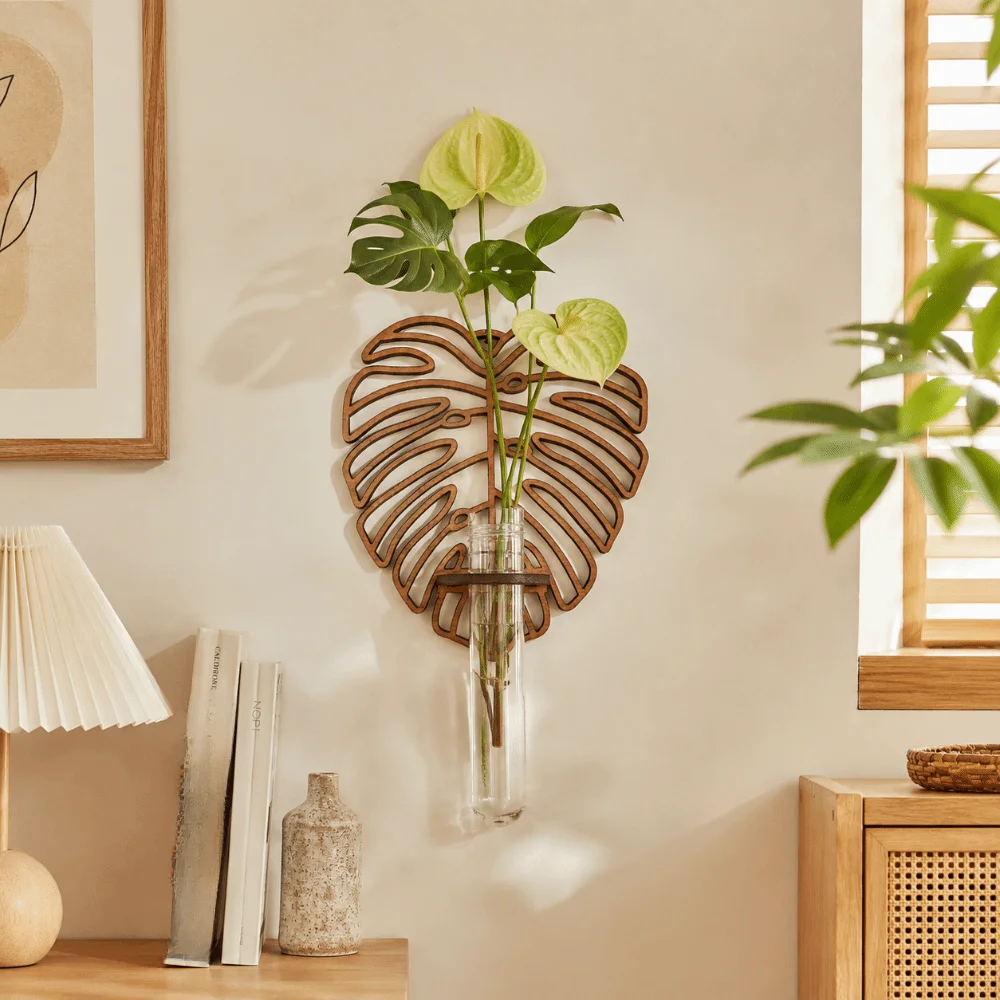 Wooden Hydroponic Plant Holder Vase Hollow Out Wall Hanging Planter Shelf Geometric Leaf Shape Wall