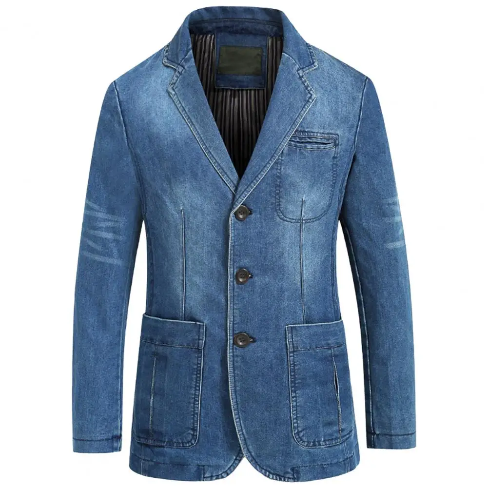 

Denim Blazer Men Jeans Suit Jacket Solid Color Casual Business Three Buttons Denim Suit Jacket Slim Fit Business Jeans Blazer