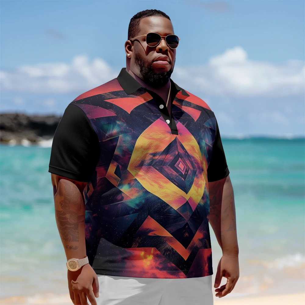 

1 men's plus size polo shirt with summer red and black block print casual lapel button suitable for shopping and golf
