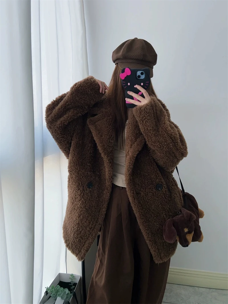 Women's Fleece Coat Solid Color Notched Lapel Double Breasted Mid Length Jacket Autumn Winter Warm Plush Loose Outerwear