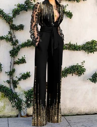 Jumpsuits Women 2024 New Spring/Summer Fashion Versatile Sexy Lace Patchwork Flared Loose Y2k Jump Suits for Female Streetwear