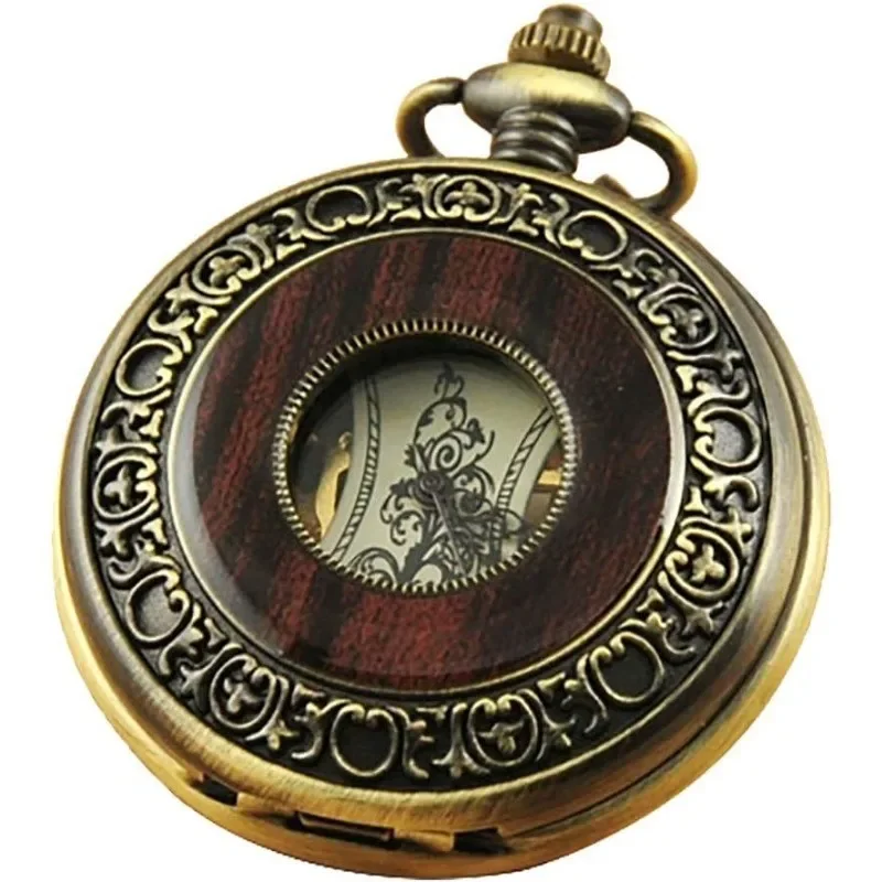 Men's Hand-Wind Mechanical Pocket Watch Vintage Steampunk Wood Grain Hollow Design with Chain and Box