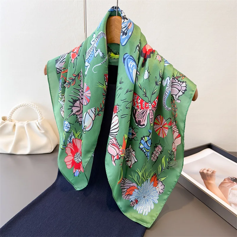 

Spring Green Soft Stain Butterfly Print Square Silk Scarf For Women Elegant Ladies Hijab Neckerchief Shawl Luxury Silk Scarves