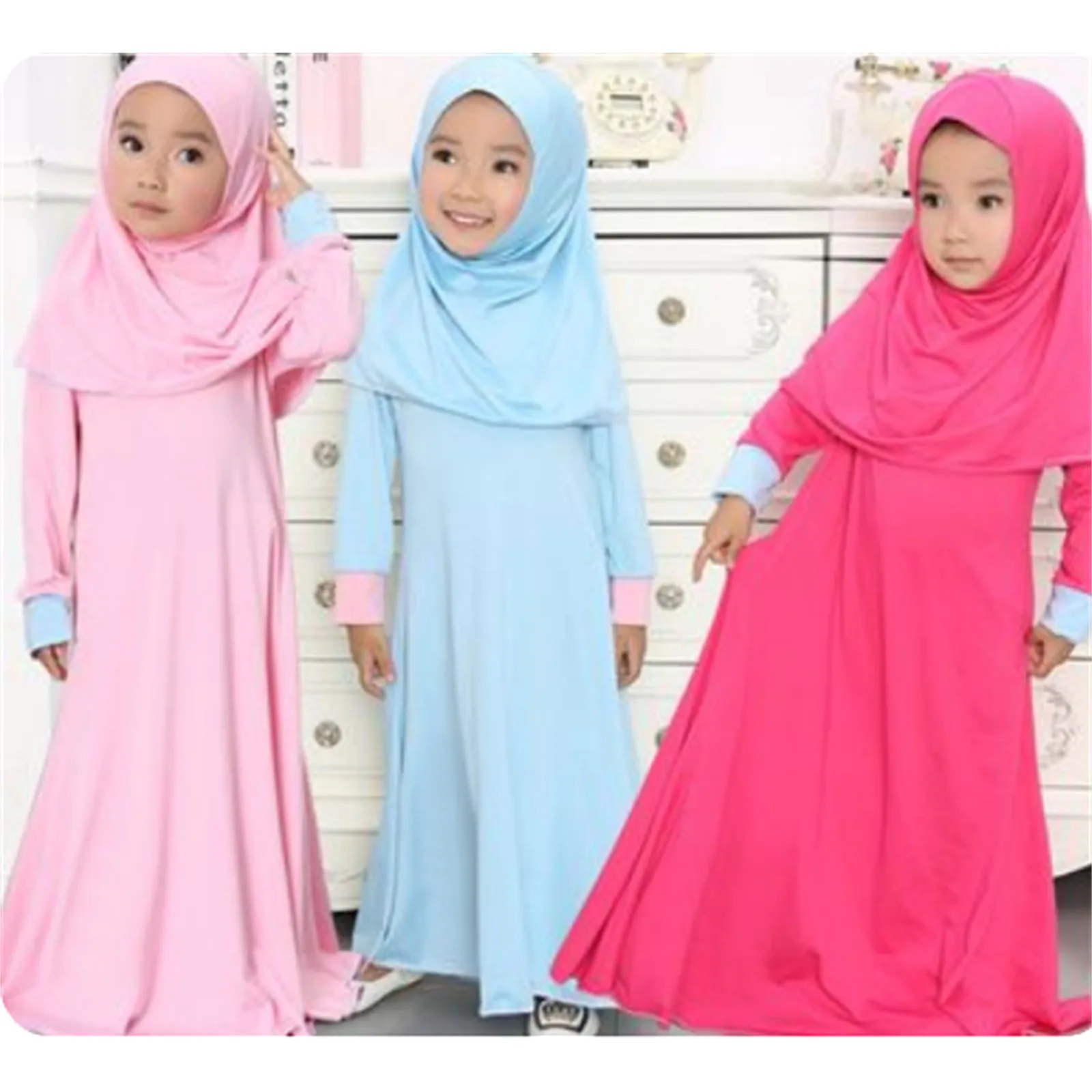 Muslim Islamic Girls\' Ramadan Abaya With Hijab Full Length Robe Burka Maxi Little Kid Toddler Baby Girl Dresses 1 to 14 Years