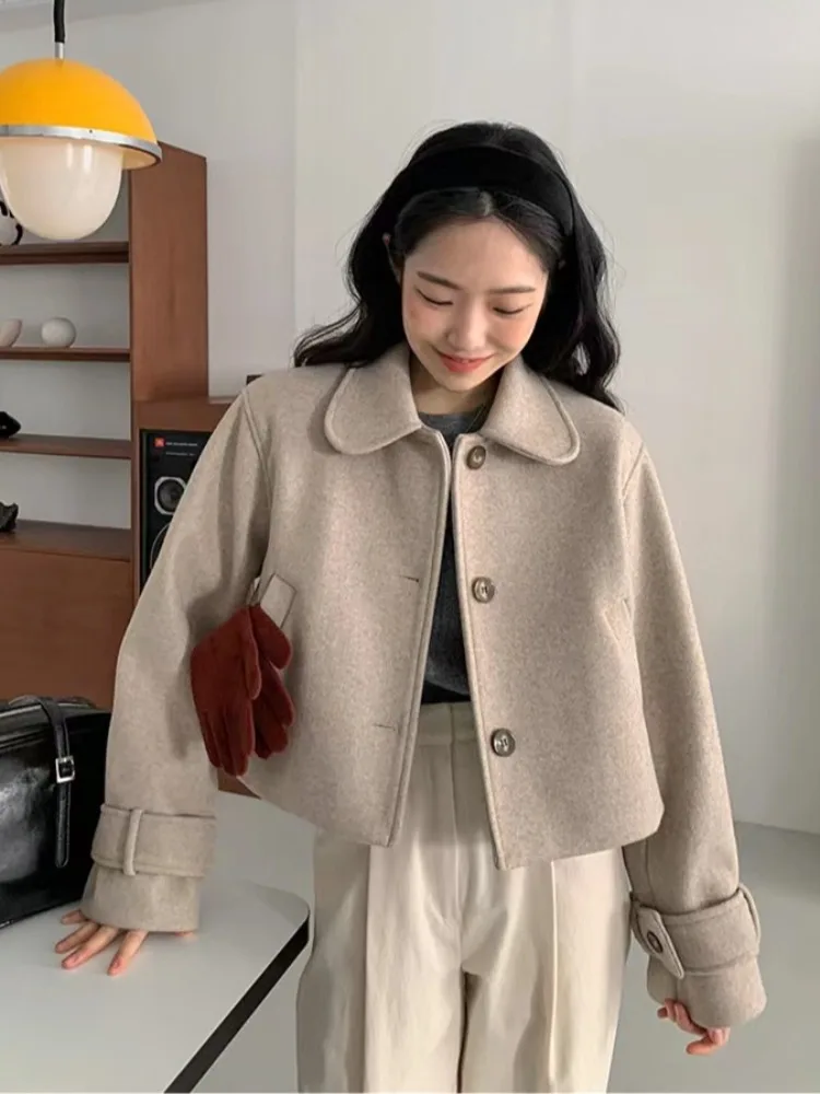 Abrigo elegante de terciopelo de seda con botones y cuello de muñeca para mujer, ropa de abrigo versátil de aspecto juvenil de talla pequeña, otoño e invierno
