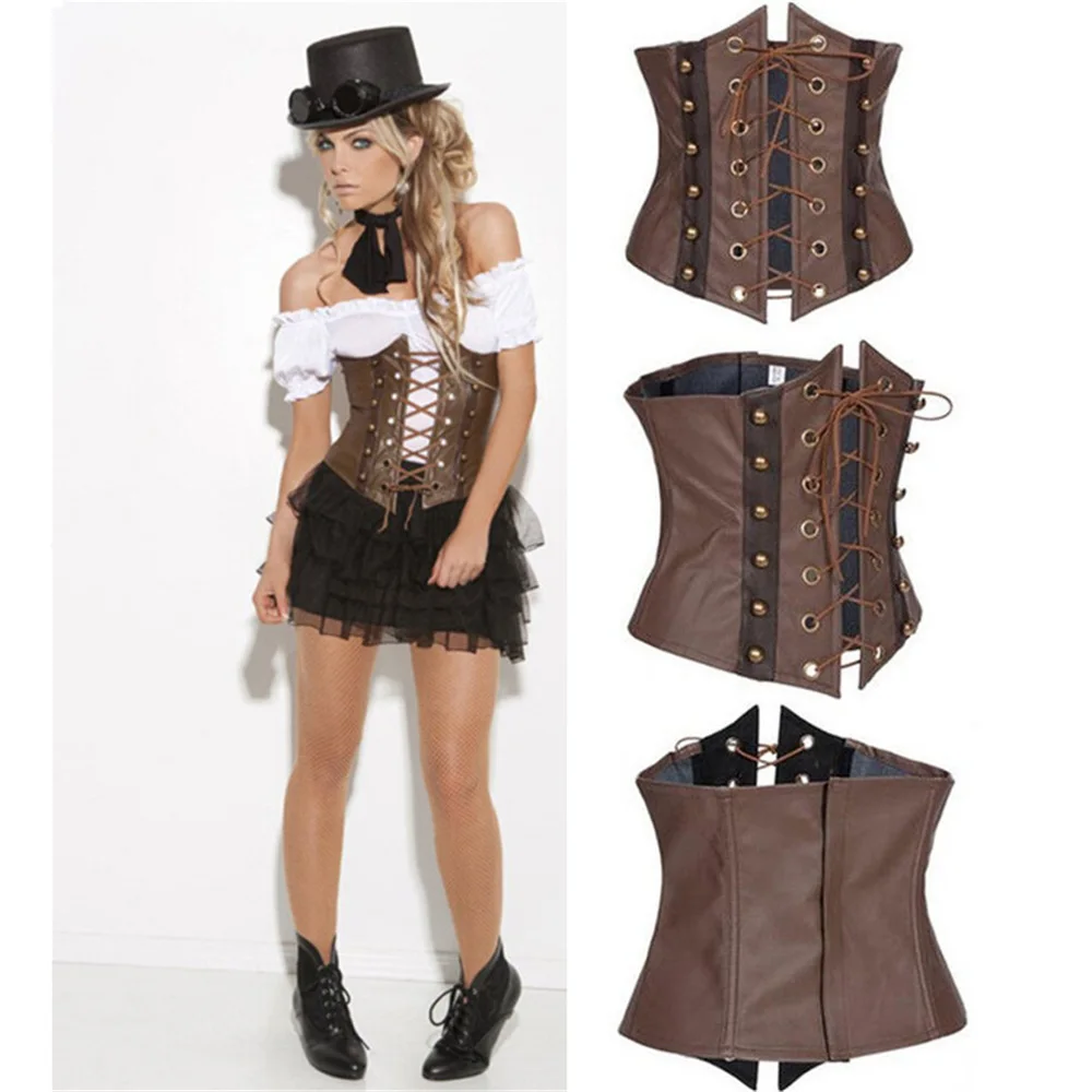 Brown Steampunk Corset Gothic Leather Underbust Waist Cincher Bustiers Pirate Costume