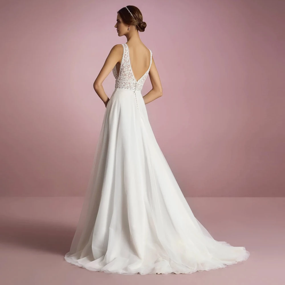 Fashion Wide Straps Wedding Dresses Deep V Neck Open Back Bridal Growns Applique Lace Sleeveless Customizd 2025 Vestido de novia