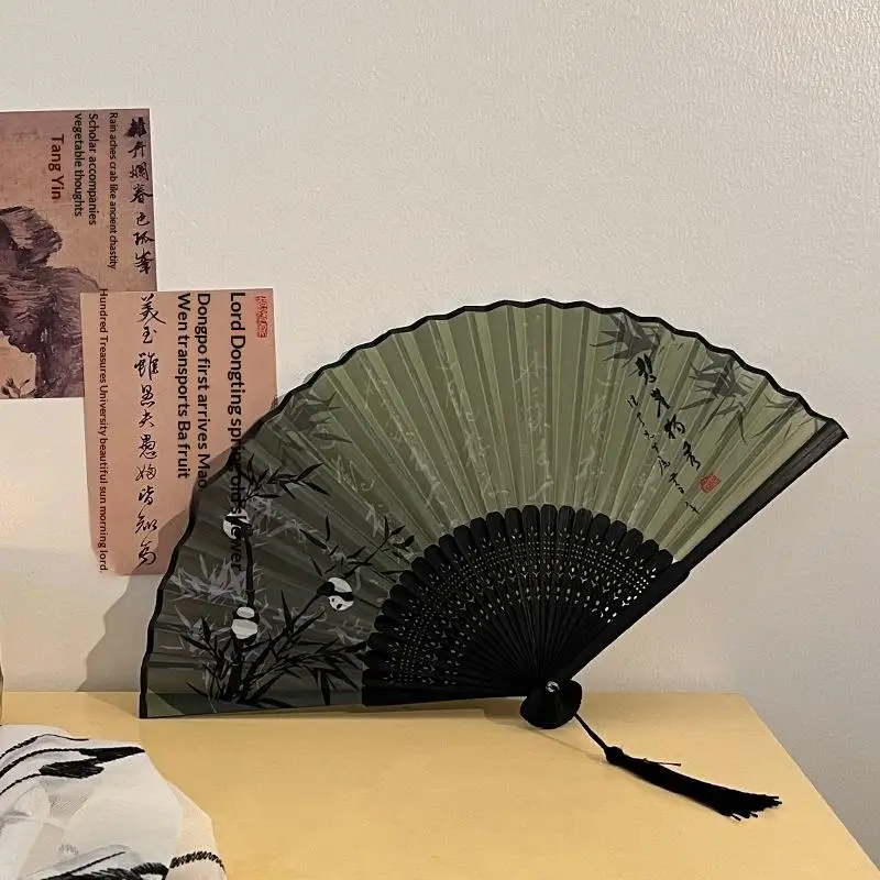 Chinese Japanese Folding Fan Bamboo Colorful Shank Classical Dance Fan Tassel Elegent Female Fan Home Decoration Silk
