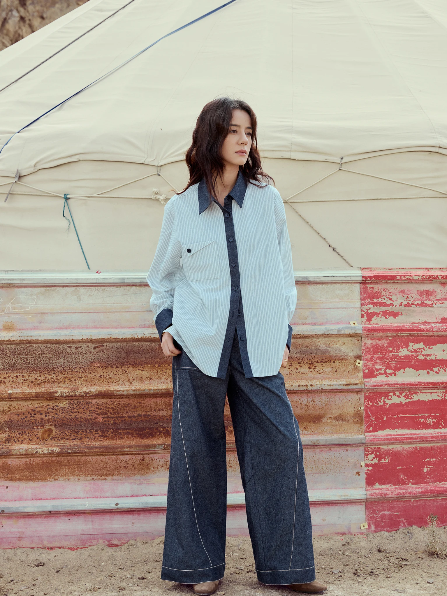 

INGE Gulf Blue Vintage Denim Cotton Stripe Patchwork Oversize Loose irt Long Sve Flip Collar Regular Length Spring 2025