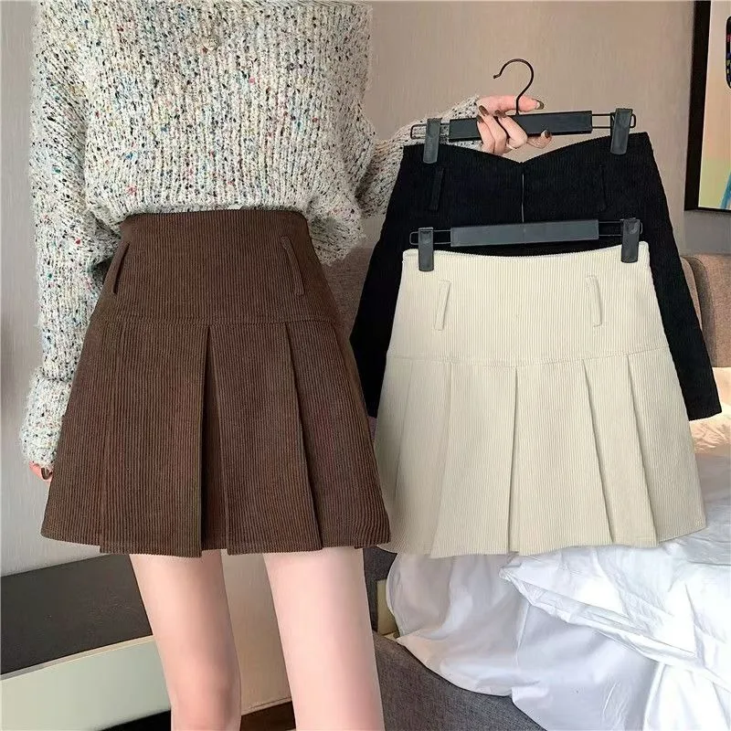 2023 Women Korean High Waist Y2K Pleated Skirts Harajuku Kawaii Fashion Striped Khaki Mini Skirt Summer Solid Aesthetic Outfit