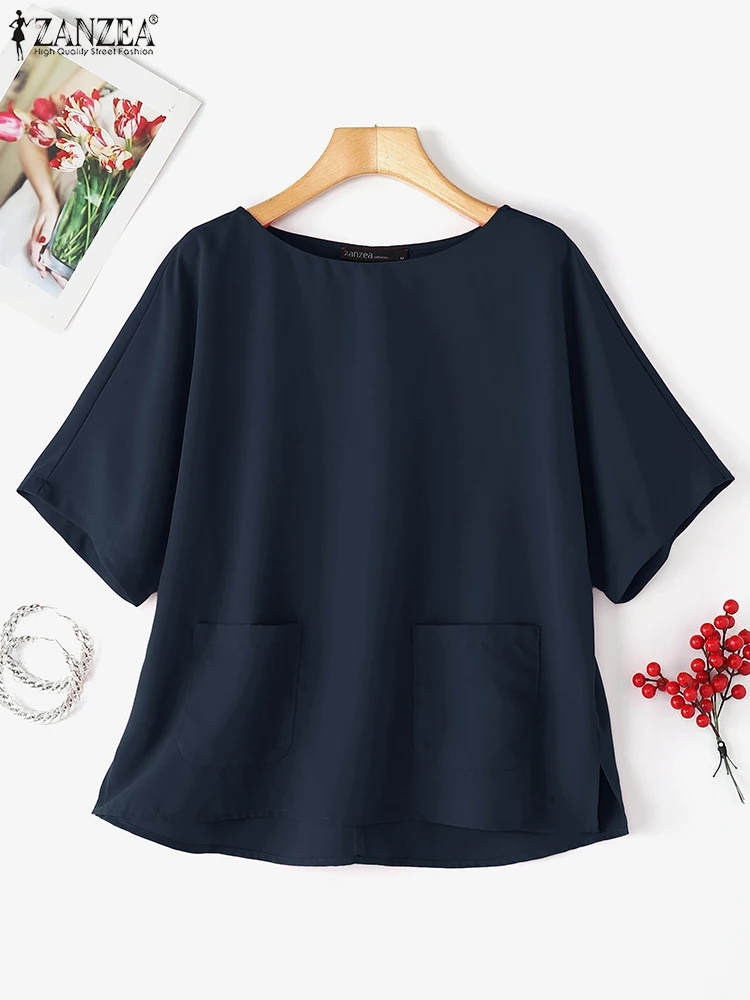 ZANZEA Women Blouse Casual Loose Pockets O Neck Tops 2025 Summer Solid Color Blusas Fashion Pullover Oversized S-5XL Tunic