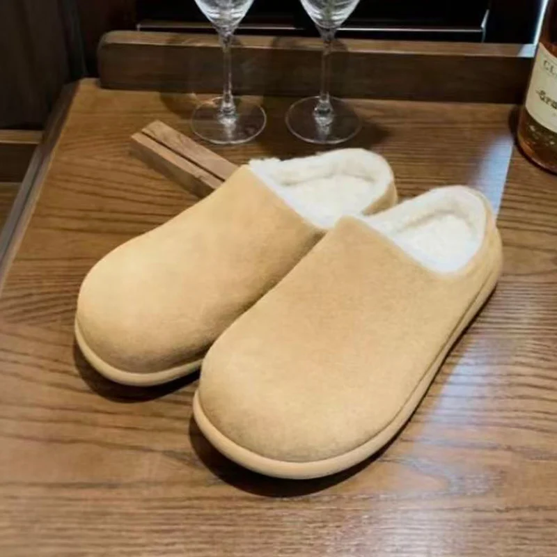 Женские меховые тапочки на плоской подошве, туфли-лодочки, зимние короткие плюшевые сандалии, спортивные кроссовки, 2025 г., повседневные теплые шлепанцы с открытой пяткой, Zapatos Lady