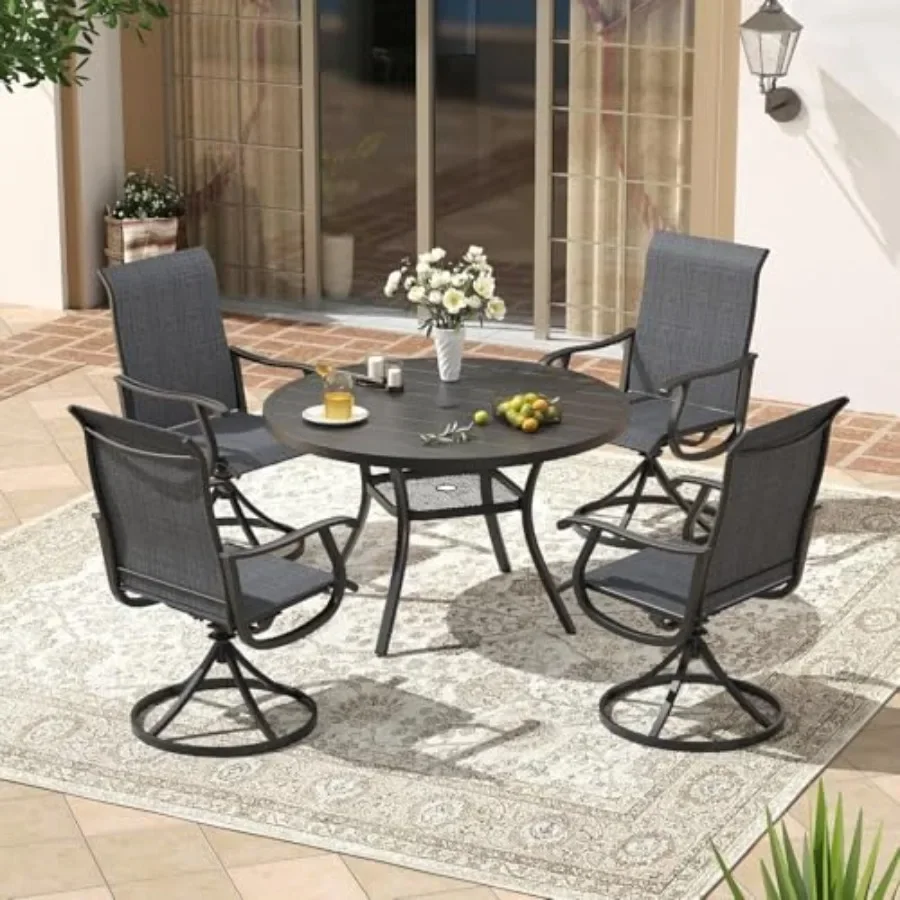 Round metal outdoor dining table for 4, black powder-coated steel, weather-resistant with umbrella hole and under-table storage