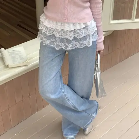 Korean Fashion Lace Irregular Skirt Curtain White Flowers Lace Mesh Halfbody Skirt Women Summer Bottoms Jeans Decorative Hemline