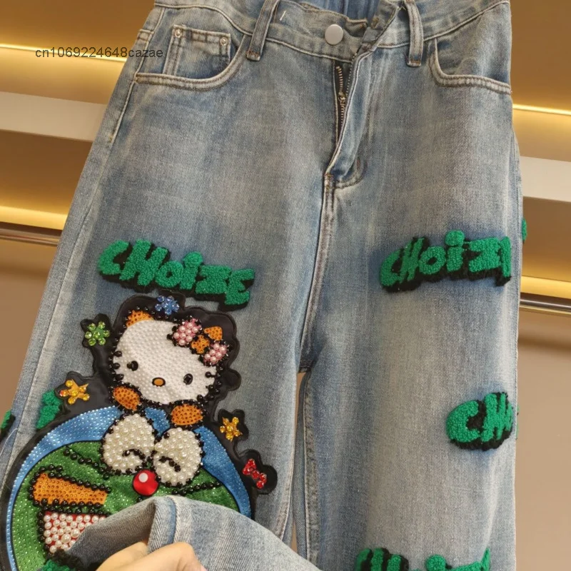 Imagem -03 - Sanrio Hello Kitty Desenho Animado Anime Jeans Feminino Calças Finas de Cintura Alta para Meninas Calças Femininas de Perna Larga da Moda Coreano de Rua e Especiarias Y2k