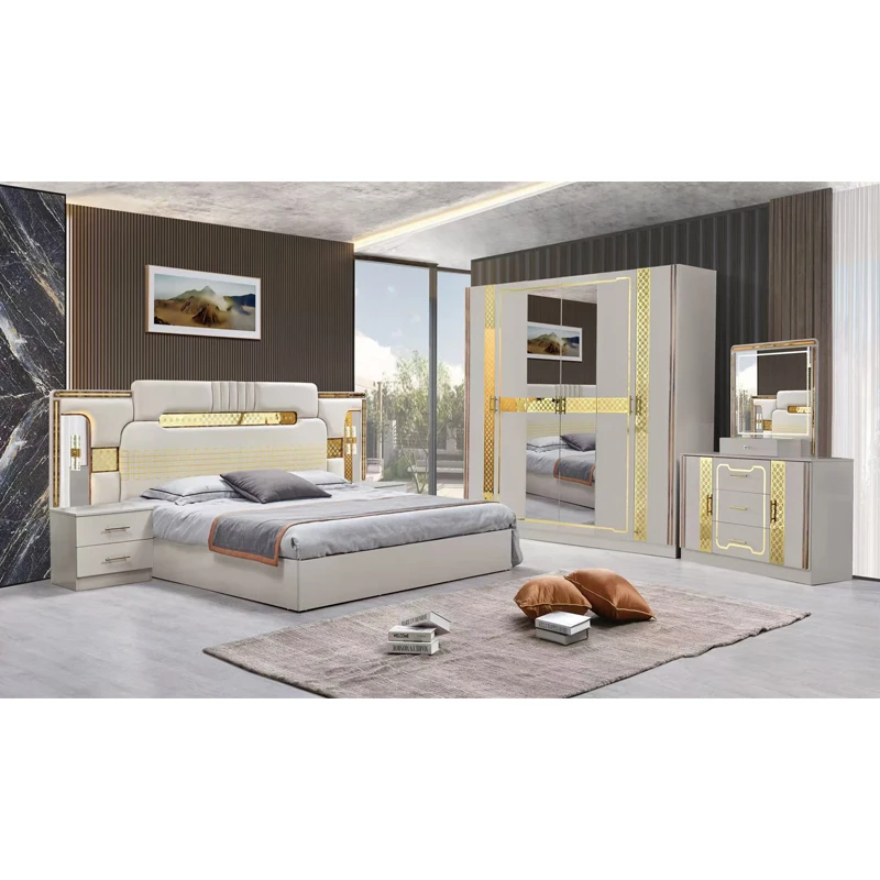 &King Size Modern Design Wooden Double Bed 5 Pieces Suite Home Full Wood Frame Cheap Luxury Bedroom Furniture Set